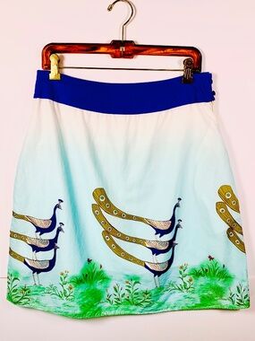 Edme & Esyllte Anthropologie peacock floral mini skirt 100% Cotton blue/white